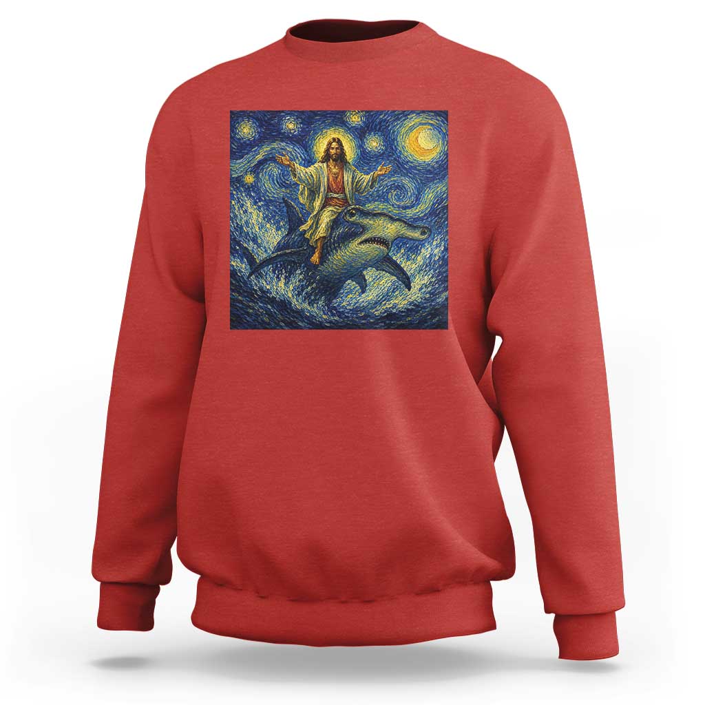 Funny Christian Jesus Riding Hammerhead Shark Sweatshirt Starry Night Inspired Art