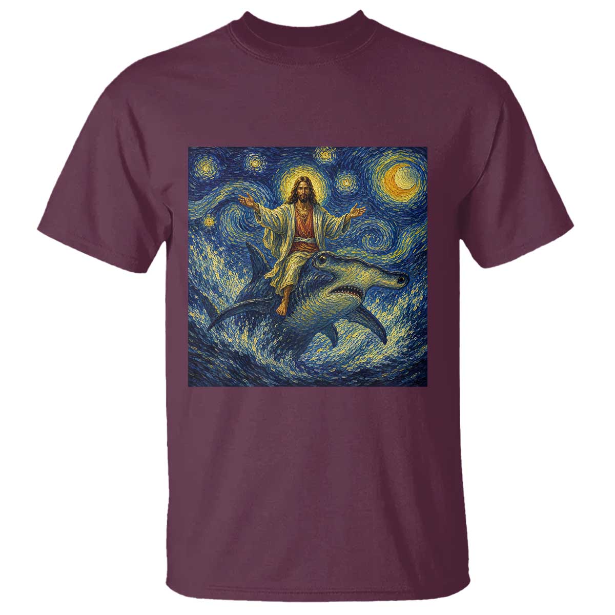 Funny Christian Jesus Riding Hammerhead Shark T Shirt Starry Night Inspired Art