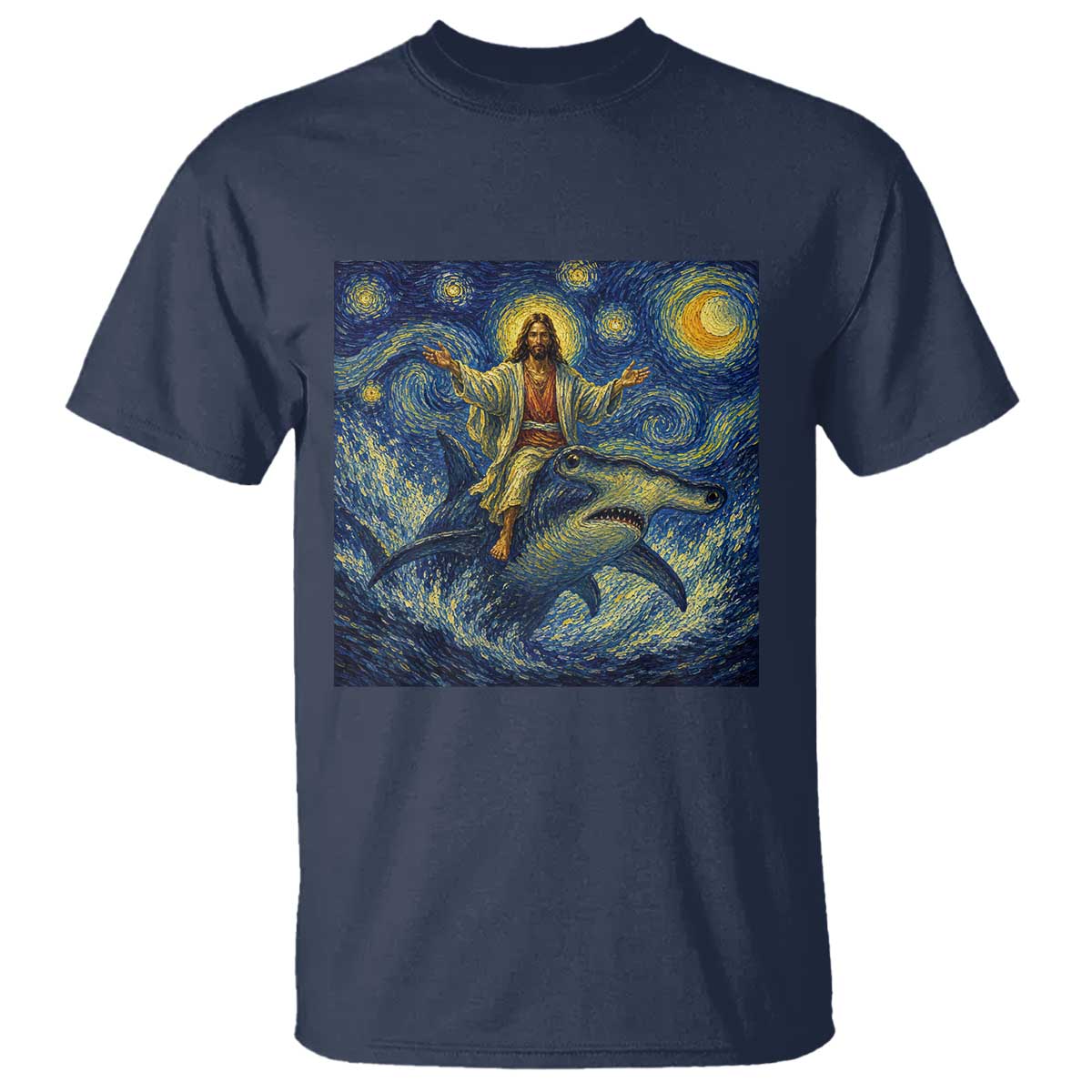 Funny Christian Jesus Riding Hammerhead Shark T Shirt Starry Night Inspired Art