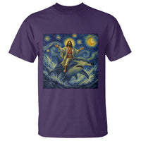 Funny Christian Jesus Riding Hammerhead Shark T Shirt Starry Night Inspired Art