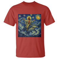 Funny Christian Jesus Riding Hammerhead Shark T Shirt Starry Night Inspired Art