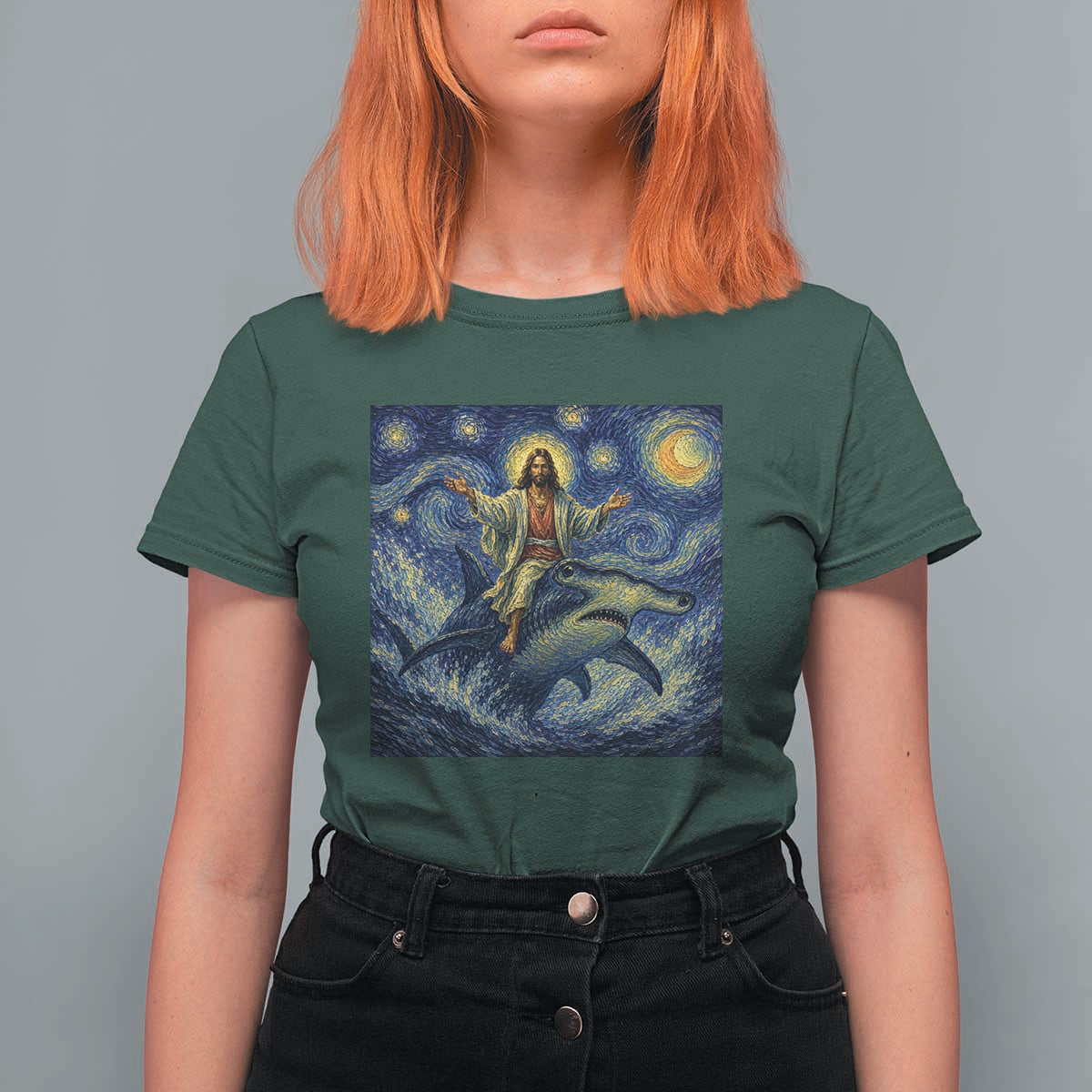 Funny Christian Jesus Riding Hammerhead Shark T Shirt For Women Starry Night Inspired Art