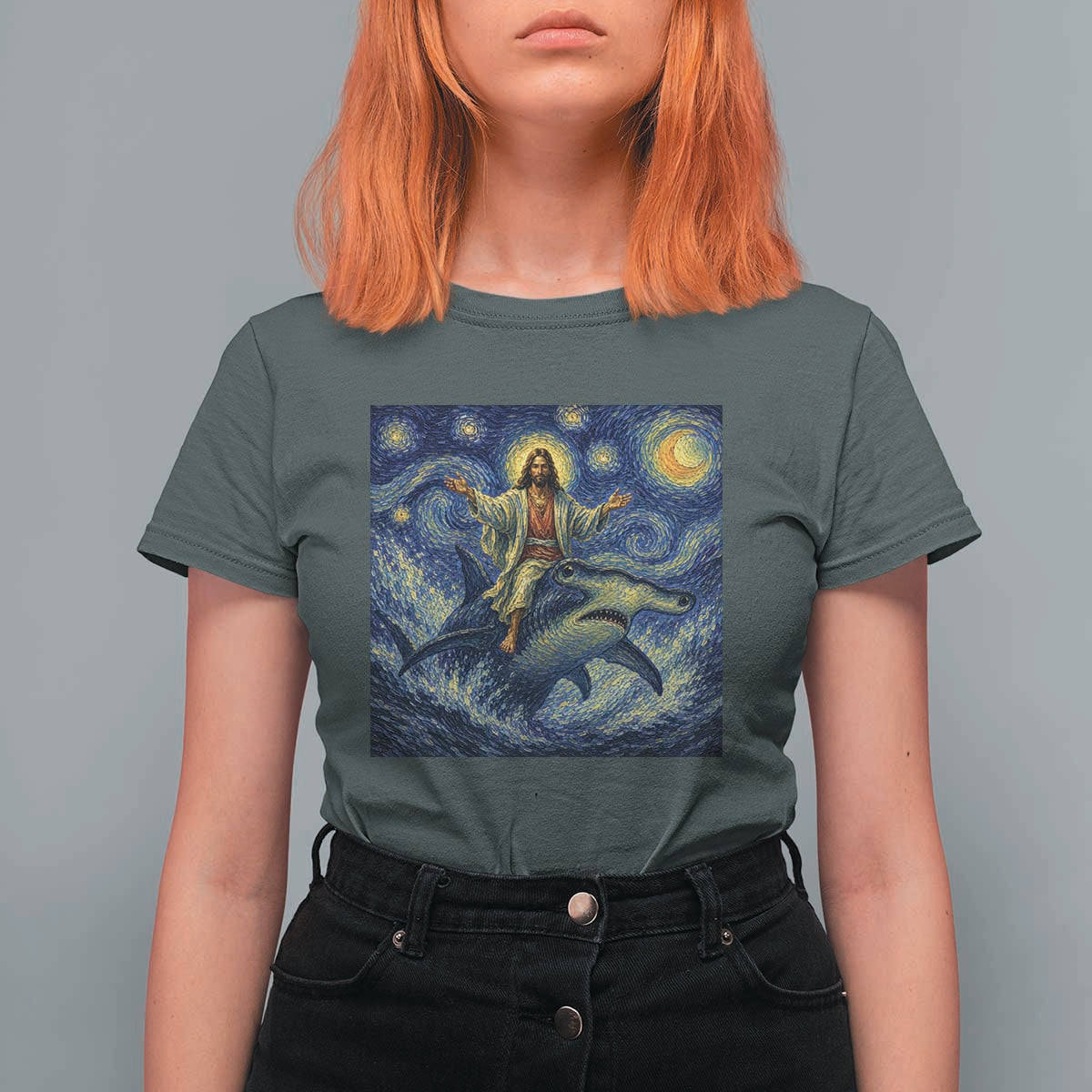 Funny Christian Jesus Riding Hammerhead Shark T Shirt For Women Starry Night Inspired Art