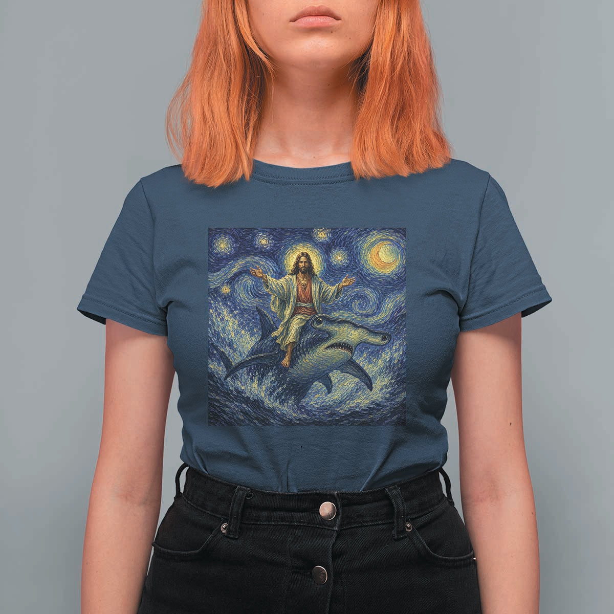 Funny Christian Jesus Riding Hammerhead Shark T Shirt For Women Starry Night Inspired Art