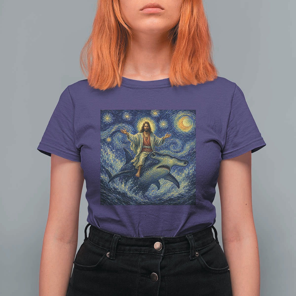 Funny Christian Jesus Riding Hammerhead Shark T Shirt For Women Starry Night Inspired Art