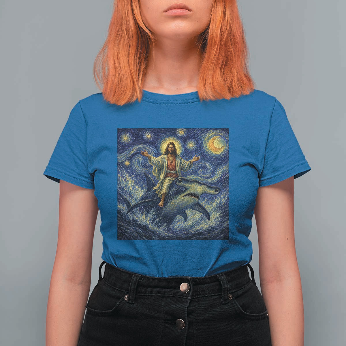Funny Christian Jesus Riding Hammerhead Shark T Shirt For Women Starry Night Inspired Art
