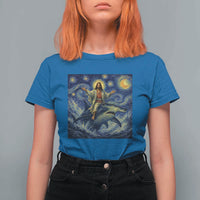 Funny Christian Jesus Riding Hammerhead Shark T Shirt For Women Starry Night Inspired Art