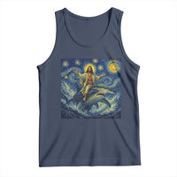 Funny Christian Jesus Riding Hammerhead Shark Tank Top Starry Night Inspired Art