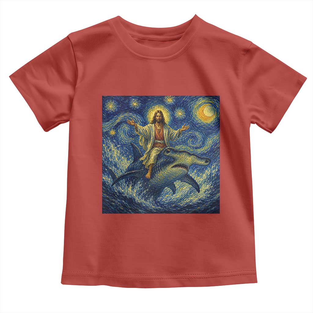 Funny Christian Jesus Riding Hammerhead Shark Toddler T Shirt Starry Night Inspired Art