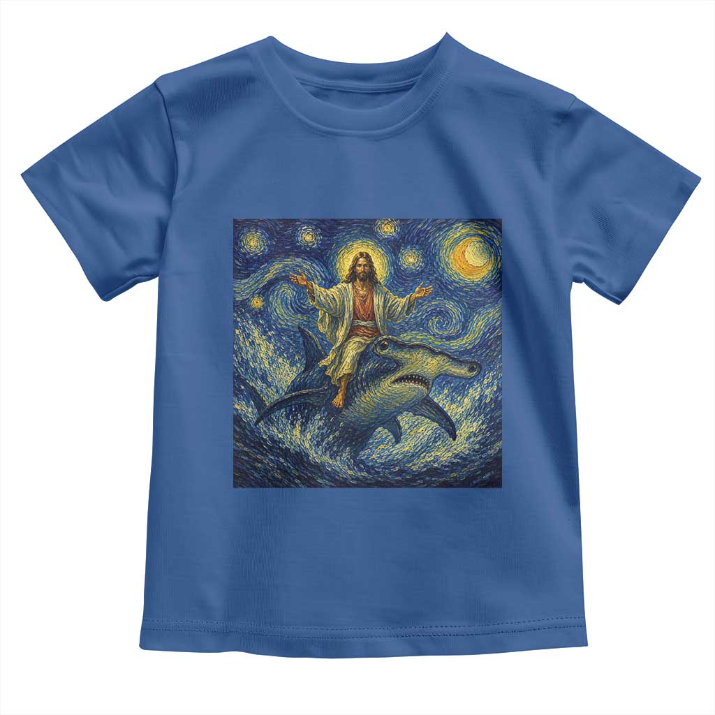 Funny Christian Jesus Riding Hammerhead Shark Toddler T Shirt Starry Night Inspired Art