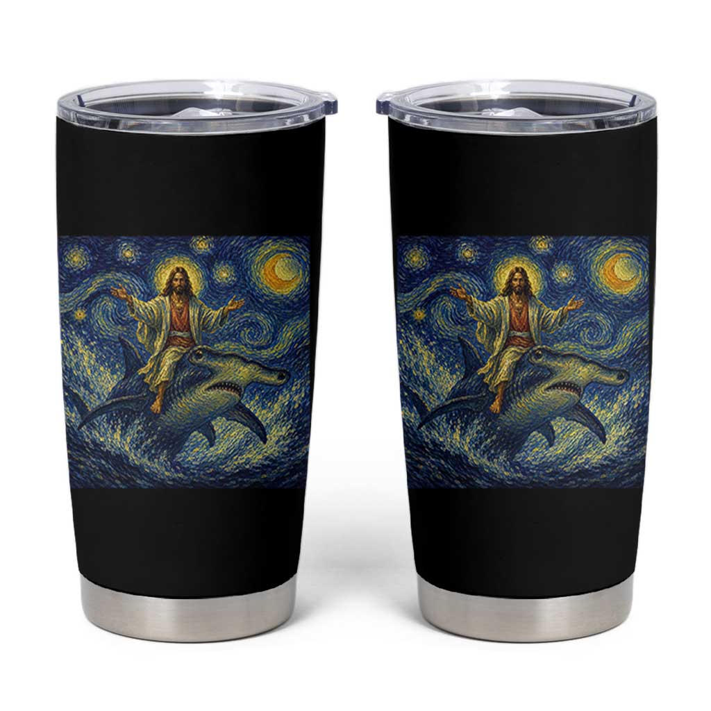 Funny Christian Jesus Riding Hammerhead Shark Tumbler Cup Starry Night Inspired Art