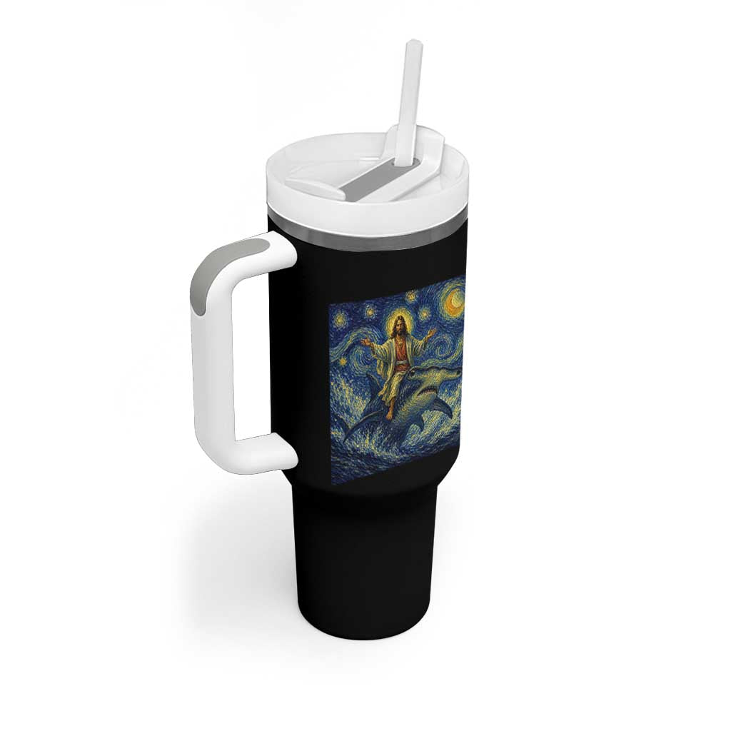 Funny Christian Jesus Riding Hammerhead Shark Tumbler With Handle Starry Night Inspired Art