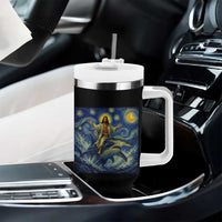 Funny Christian Jesus Riding Hammerhead Shark Tumbler With Handle Starry Night Inspired Art
