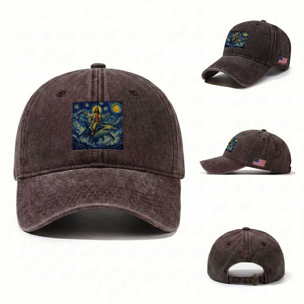 Funny Christian Jesus Riding Hammerhead Shark Washed Cotton Baseball Cap Starry Night Inspired Art