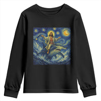 Funny Christian Jesus Riding Hammerhead Shark Youth Sweatshirt Starry Night Inspired Art