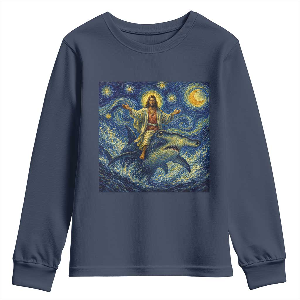Funny Christian Jesus Riding Hammerhead Shark Youth Sweatshirt Starry Night Inspired Art