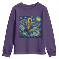 Funny Christian Jesus Riding Hammerhead Shark Youth Sweatshirt Starry Night Inspired Art