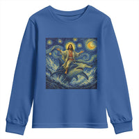 Funny Christian Jesus Riding Hammerhead Shark Youth Sweatshirt Starry Night Inspired Art