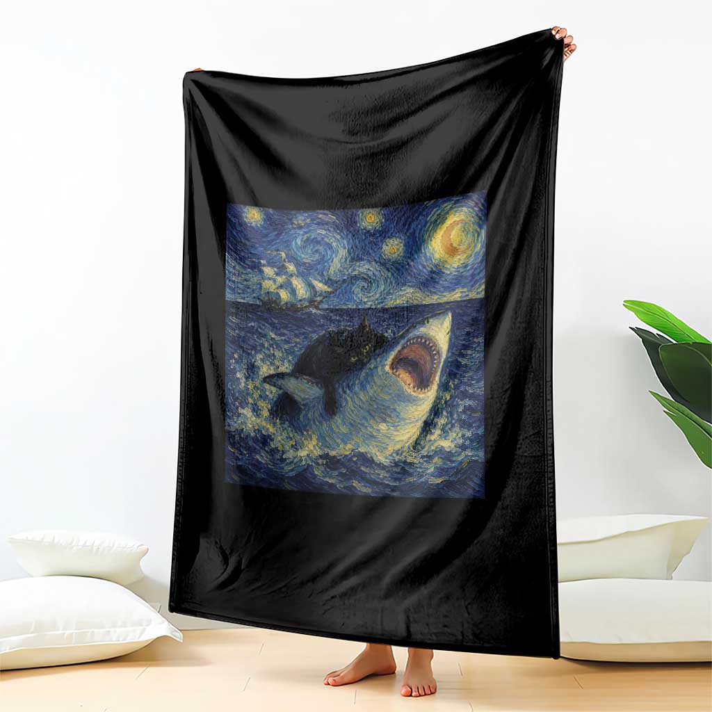 Funny Cat Biting Shark Starry Night Inspired Art Throw Blanket