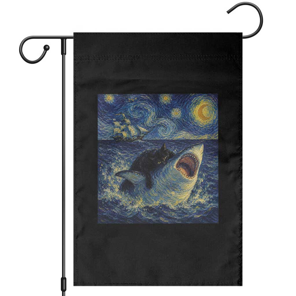 Funny Cat Biting Shark Starry Night Inspired Art Garden Flag