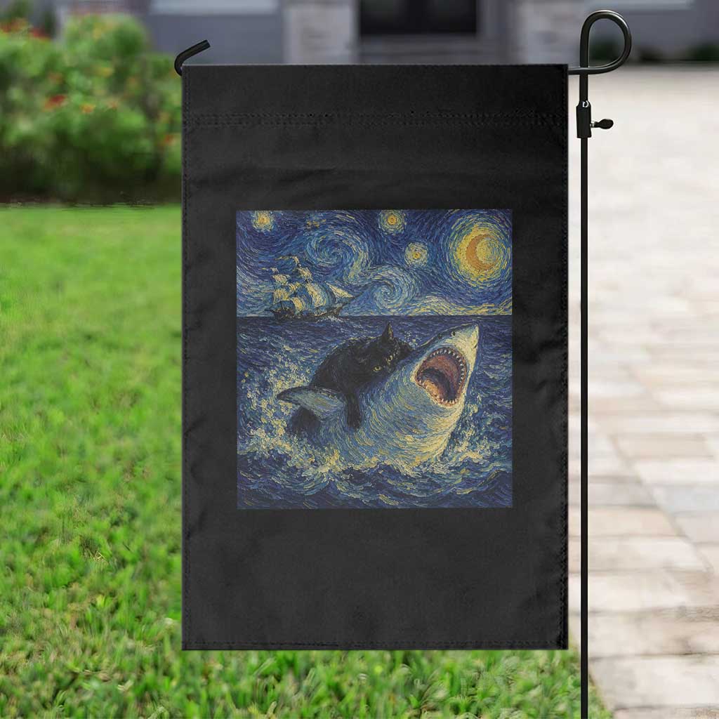 Funny Cat Biting Shark Starry Night Inspired Art Garden Flag