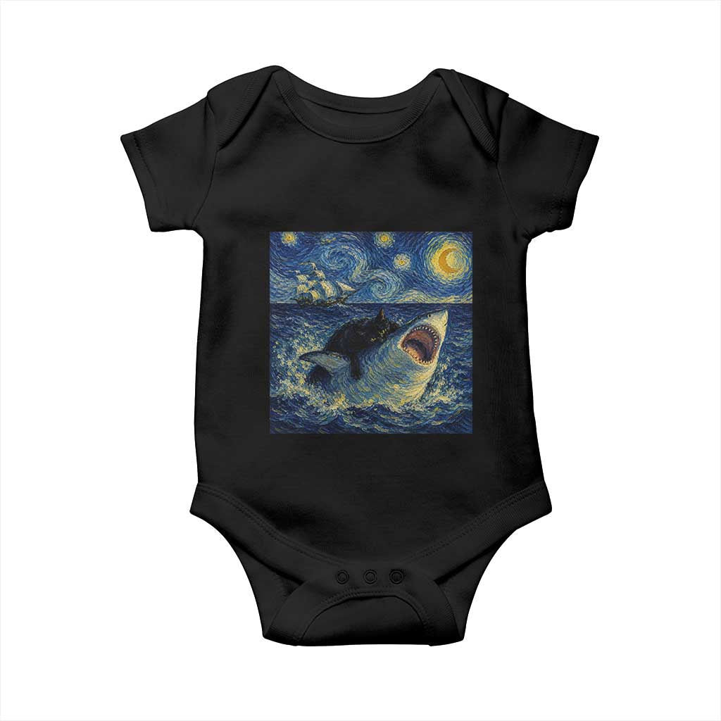 Funny Cat Biting Shark Starry Night Inspired Art Baby Onesie