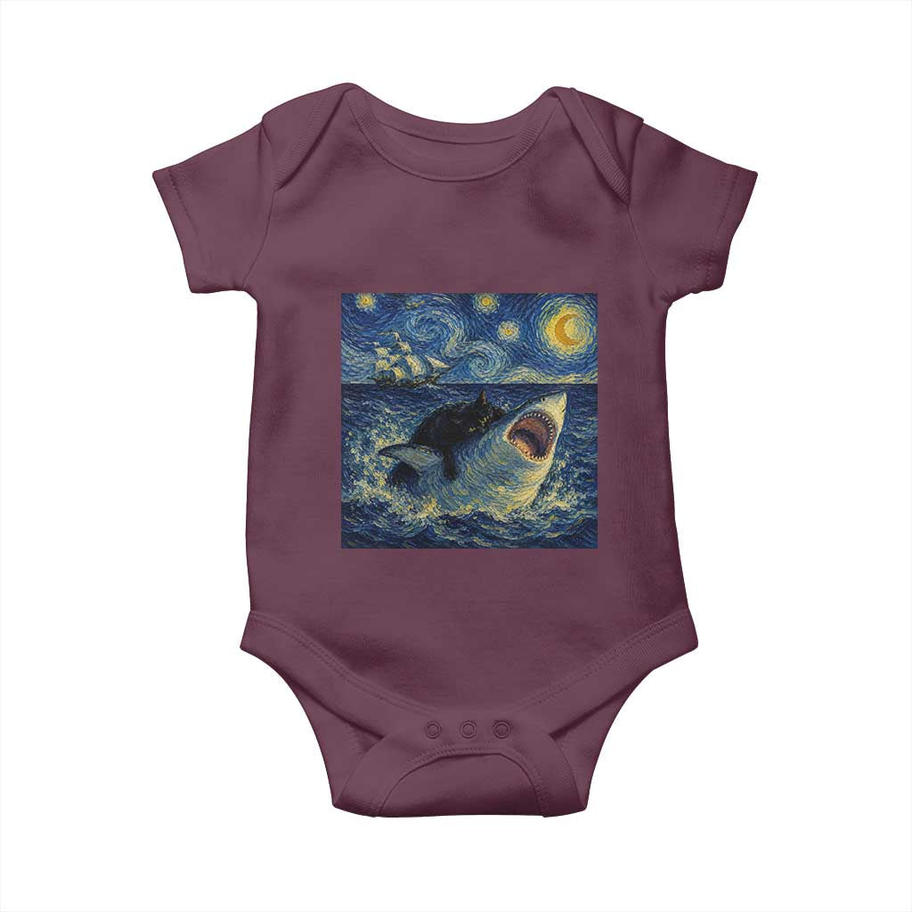 Funny Cat Biting Shark Starry Night Inspired Art Baby Onesie