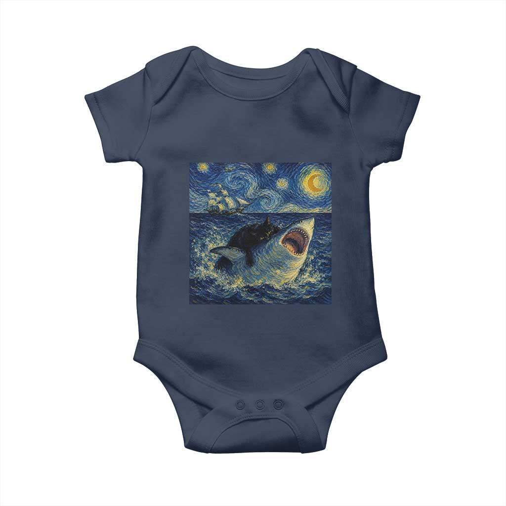 Funny Cat Biting Shark Starry Night Inspired Art Baby Onesie