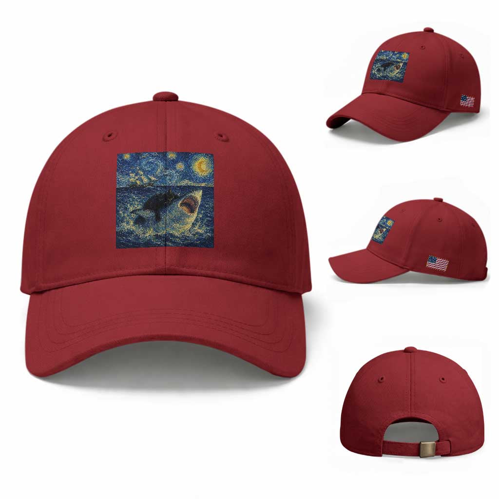Funny Cat Biting Shark Starry Night Inspired Art Baseball Cap
