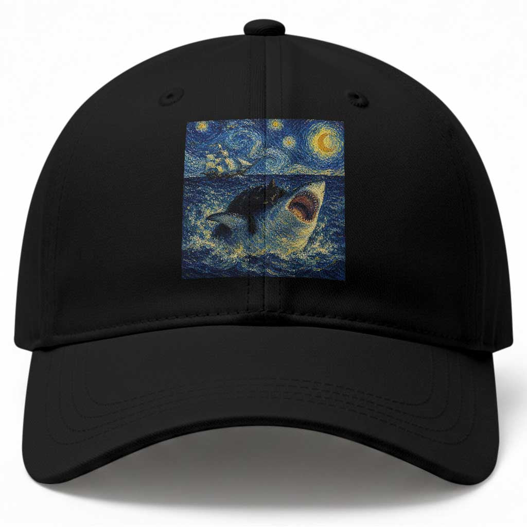 Funny Cat Biting Shark Starry Night Inspired Art Baseball Cap