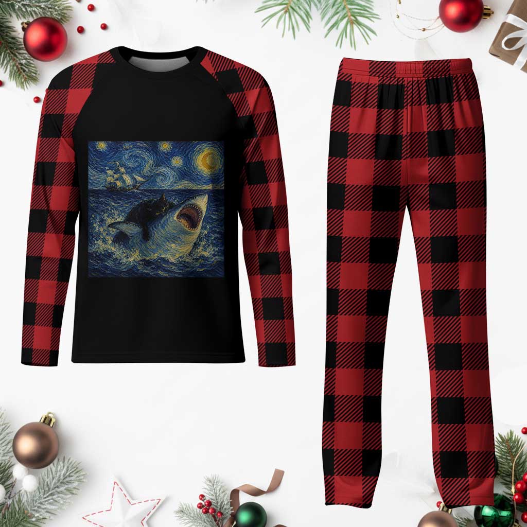 Funny Cat Biting Shark Starry Night Inspired Art Plaid Pajama Set