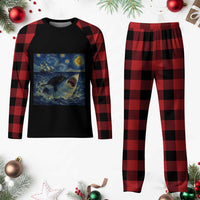 Funny Cat Biting Shark Starry Night Inspired Art Plaid Pajama Set