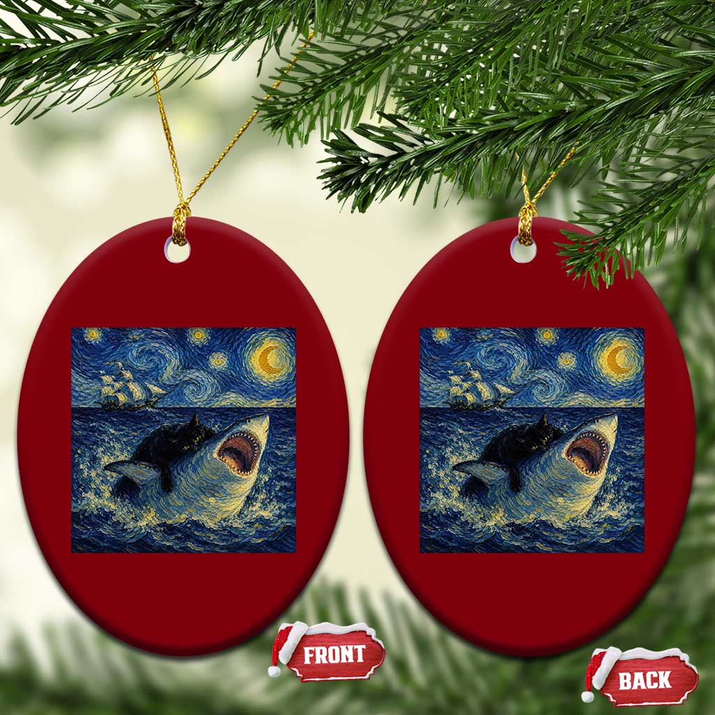 Funny Cat Biting Shark Starry Night Inspired Art Ceramic Ornament