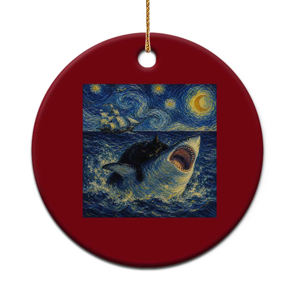 Funny Cat Biting Shark Starry Night Inspired Art Ceramic Ornament