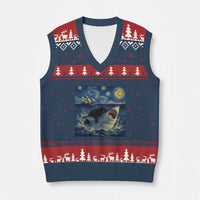 Funny Cat Biting Shark Starry Night Inspired Art V-Neck Knit Sweater Vest