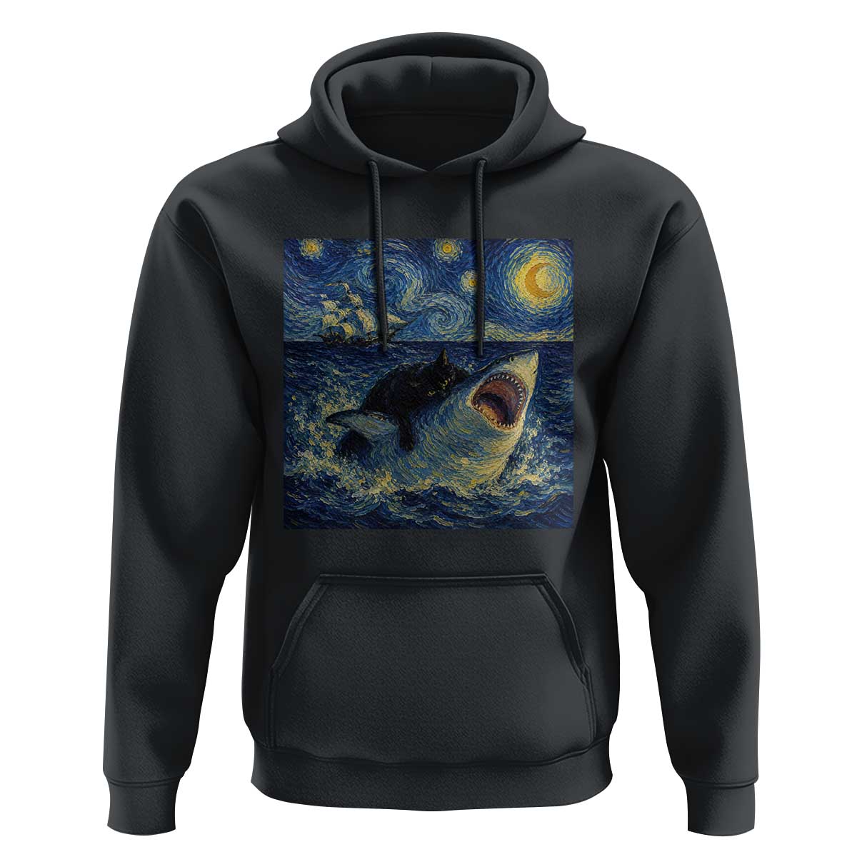 Funny Cat Biting Shark Starry Night Inspired Art Hoodie