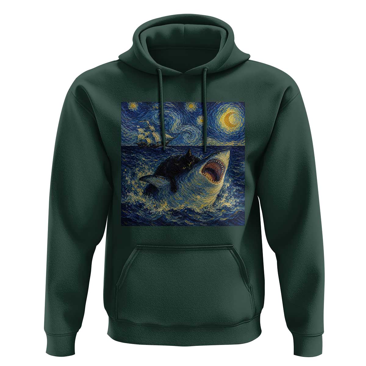 Funny Cat Biting Shark Starry Night Inspired Art Hoodie