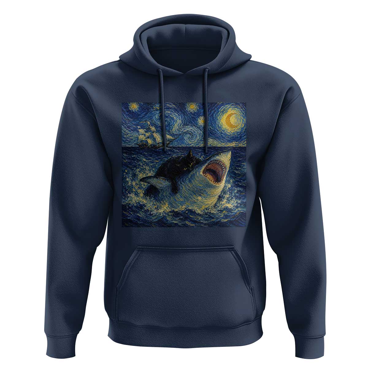Funny Cat Biting Shark Starry Night Inspired Art Hoodie