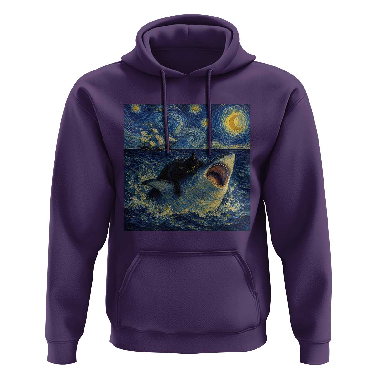 Funny Cat Biting Shark Starry Night Inspired Art Hoodie