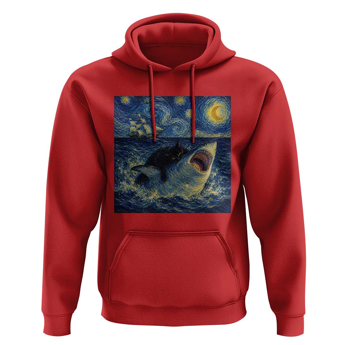 Funny Cat Biting Shark Starry Night Inspired Art Hoodie