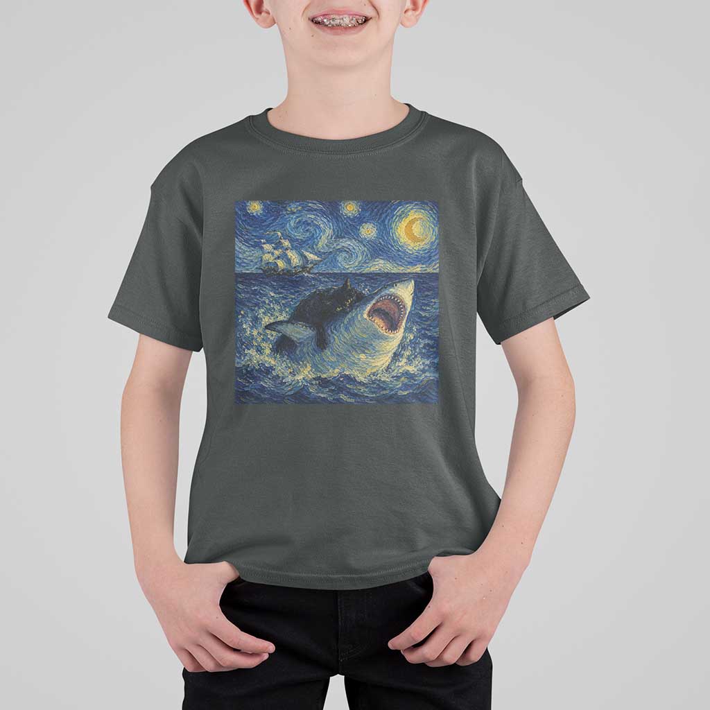 Funny Cat Biting Shark Starry Night Inspired Art T Shirt For Kid