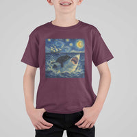 Funny Cat Biting Shark Starry Night Inspired Art T Shirt For Kid