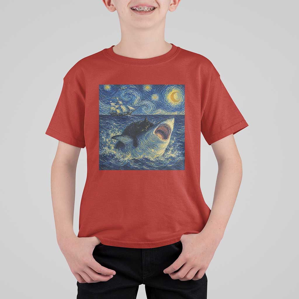 Funny Cat Biting Shark Starry Night Inspired Art T Shirt For Kid