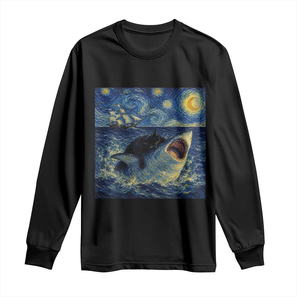 Funny Cat Biting Shark Starry Night Inspired Art Long Sleeve Shirt