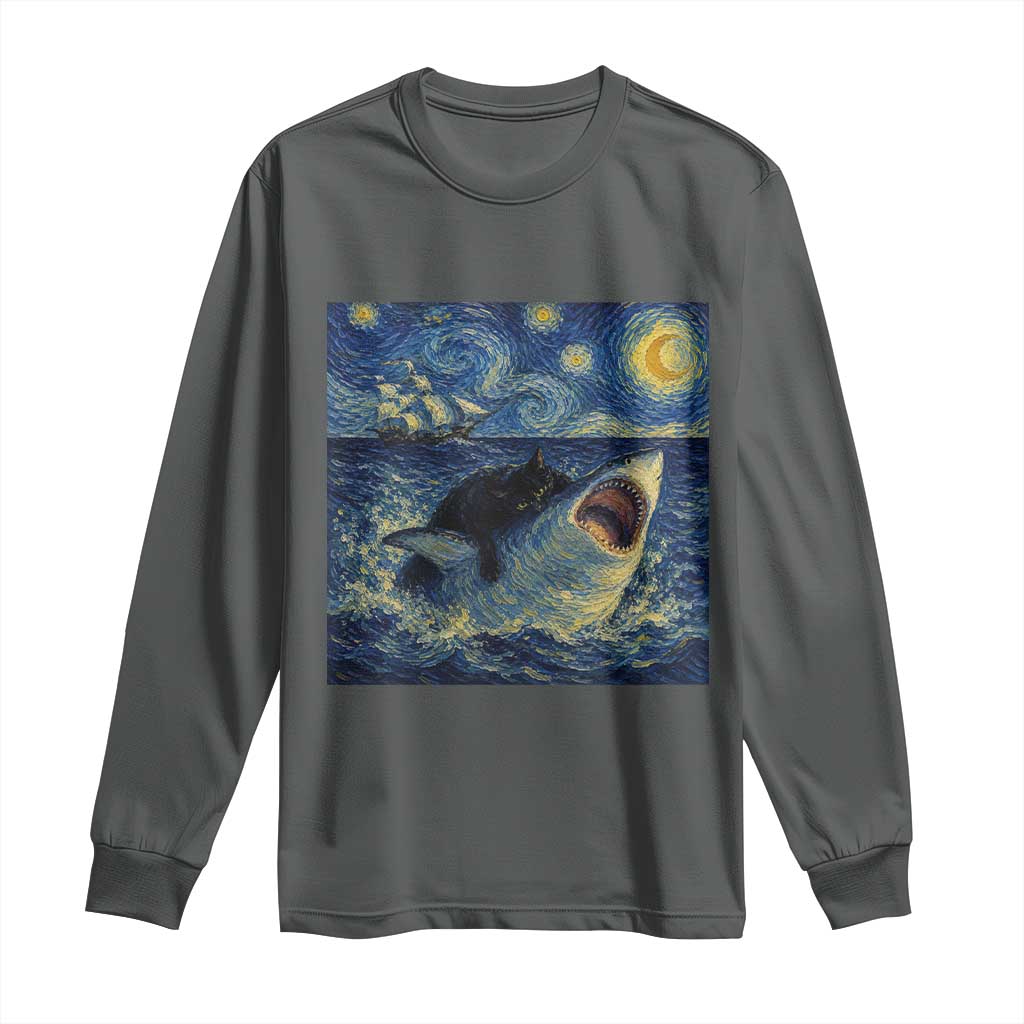 Funny Cat Biting Shark Starry Night Inspired Art Long Sleeve Shirt