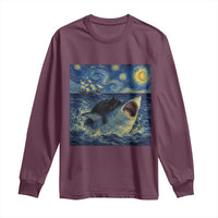 Funny Cat Biting Shark Starry Night Inspired Art Long Sleeve Shirt