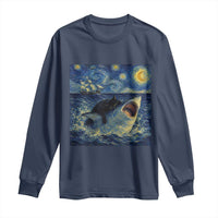 Funny Cat Biting Shark Starry Night Inspired Art Long Sleeve Shirt