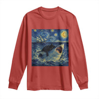 Funny Cat Biting Shark Starry Night Inspired Art Long Sleeve Shirt