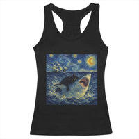 Funny Cat Biting Shark Starry Night Inspired Art Racerback Tank Top