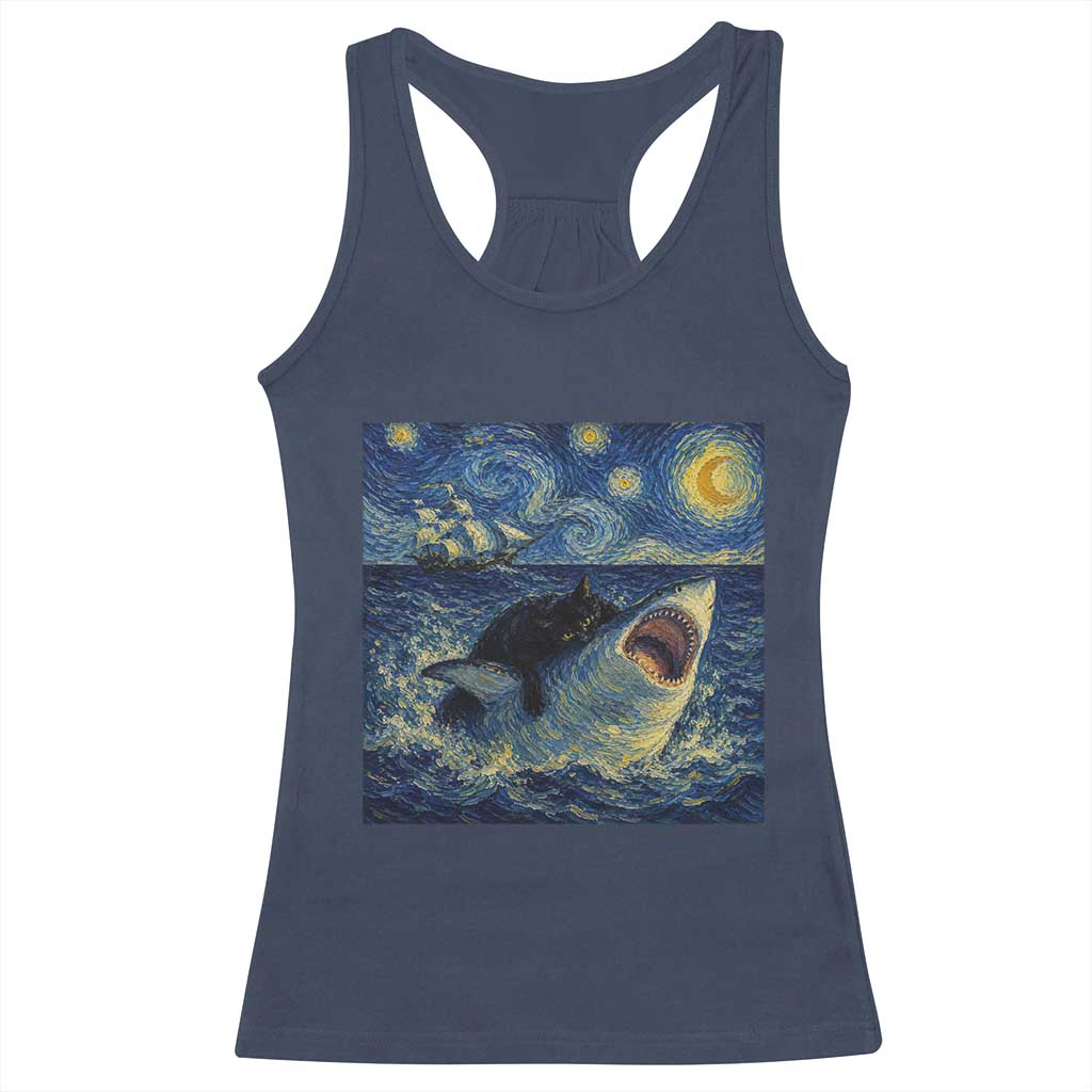 Funny Cat Biting Shark Starry Night Inspired Art Racerback Tank Top